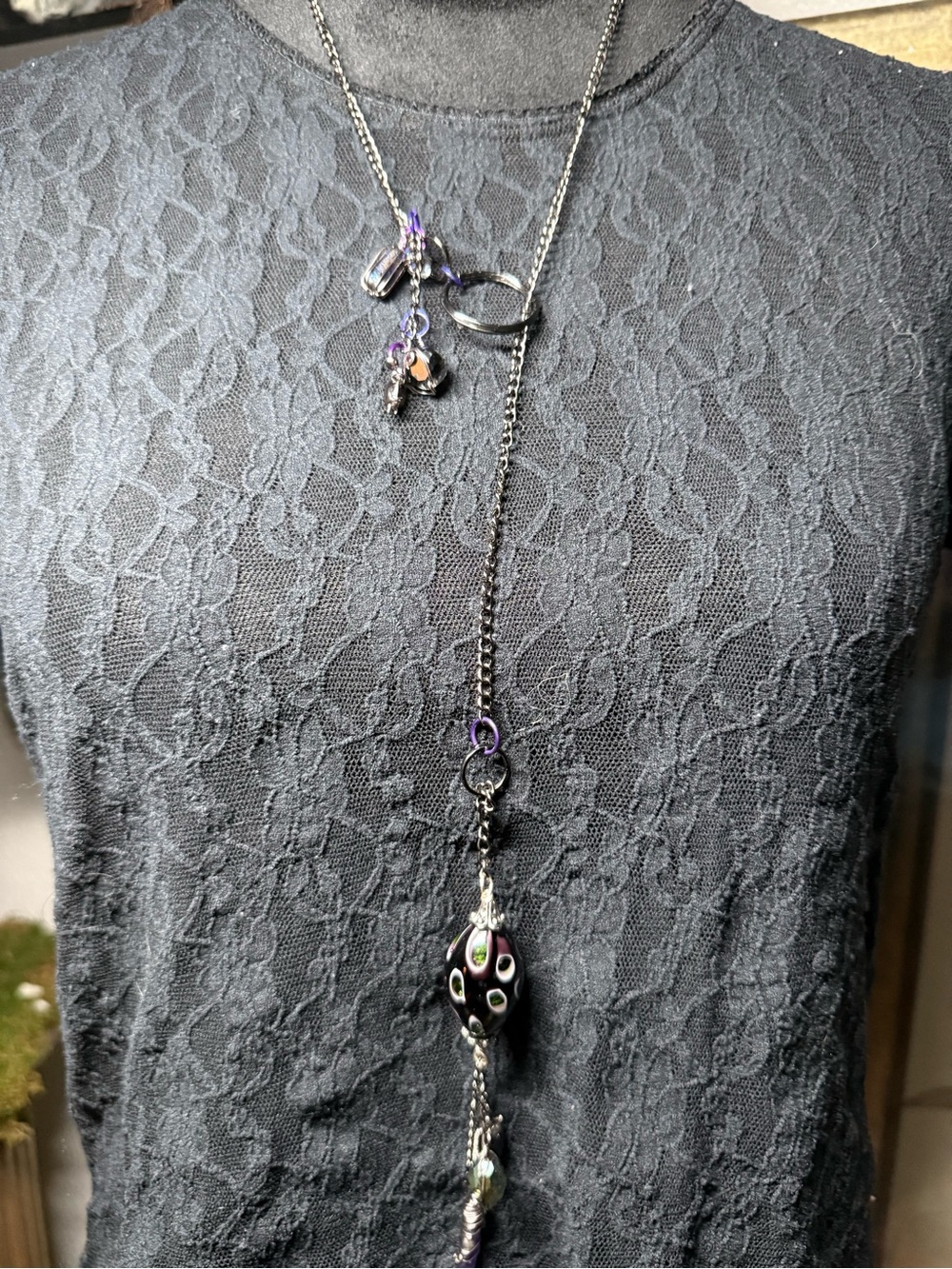 Handmade Artisan Goth Y-Lariat Long Necklace Purple Art Glass Bead Wire Wrapped